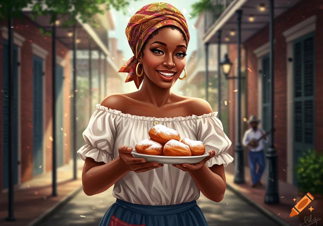 A smiling Black woman in a headscarf and off-the-shoulder top holds a plate of beignets on a sunny New Orleans street. Illustrated.