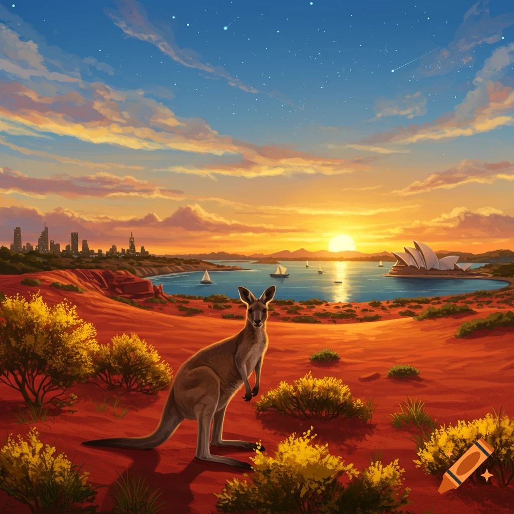 A stylized painting of a kangaroo in a red desert landscape with yellow bushes, overlooking a bay with sailboats, a city skyline, and the Sydney Opera House at sunset.