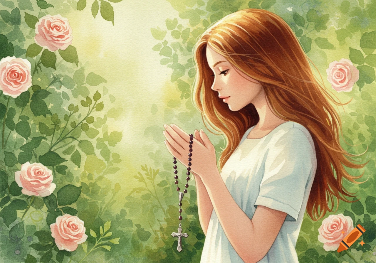Watercolor of a girl with long auburn hair praying with a rosary in a lush garden with pink roses.