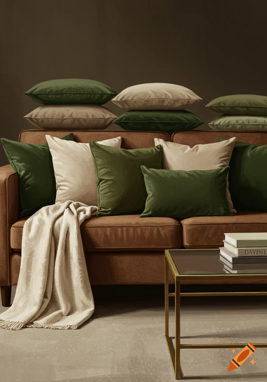 A brown couch with beige and green pillows, a cream blanket, and a gold and glass coffee table with books. Stylized illustration.