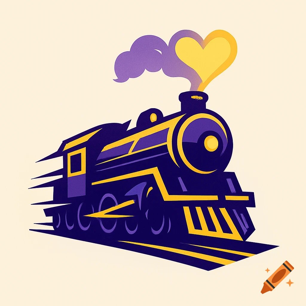 Stylized purple and yellow locomotive steaming a yellow heart, on a light background.