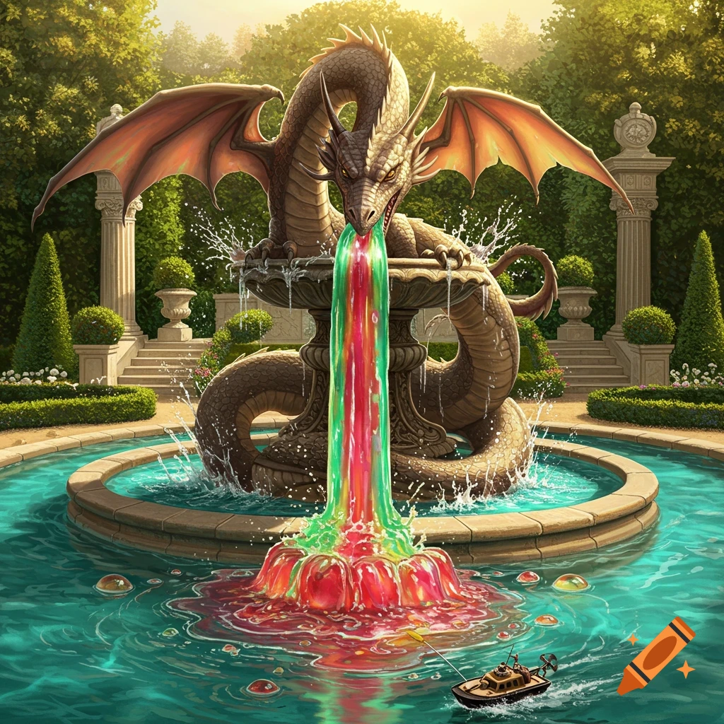 A detailed fantasy illustration of a dragon fountain in a lush garden, spewing colorful jelly into a pool with an RC boat.