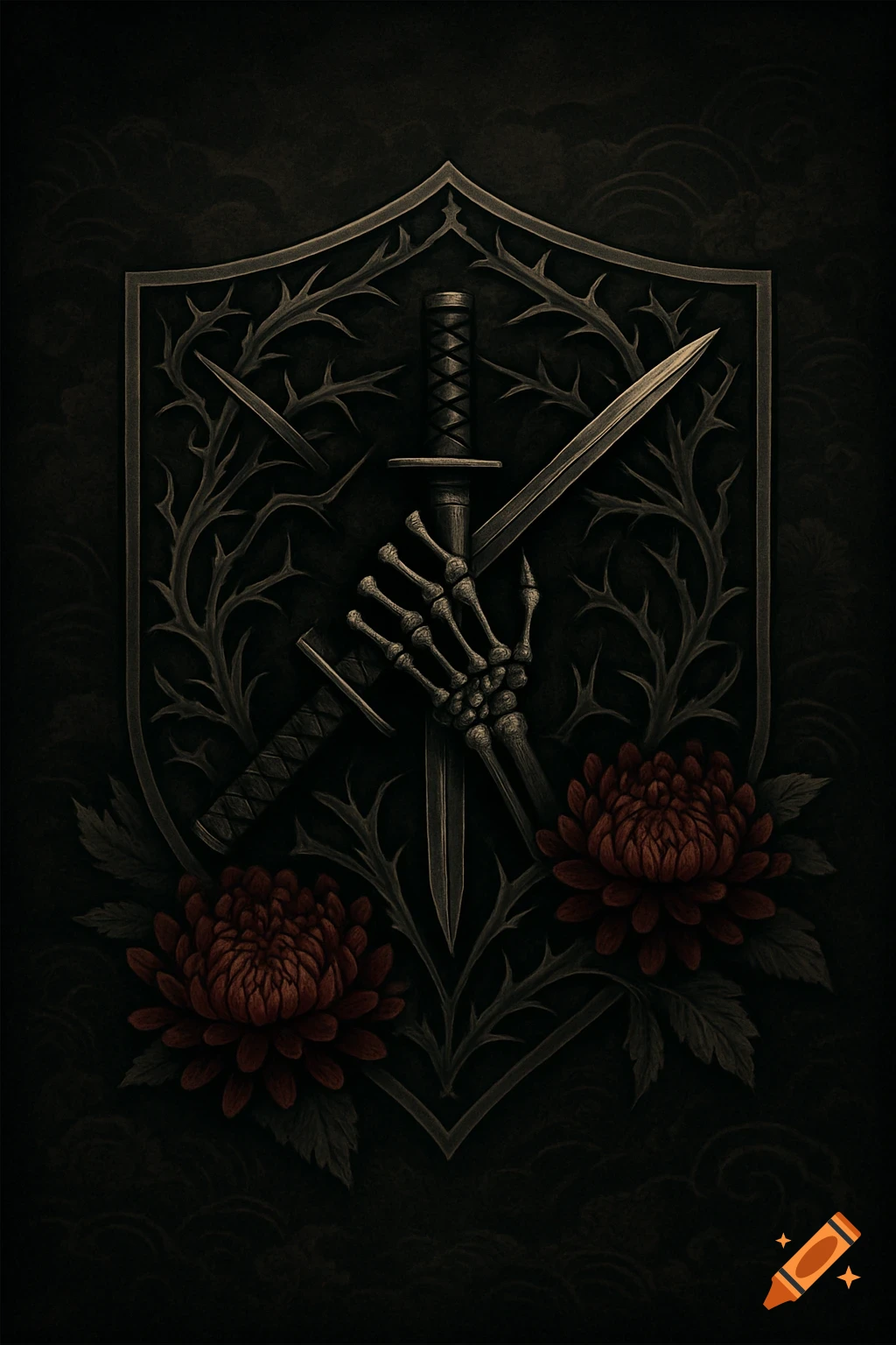 Dark, ornate crest with a skeleton hand gripping a sword, surrounded by thorns, additional blades, and dark red flowers against a textured background.
