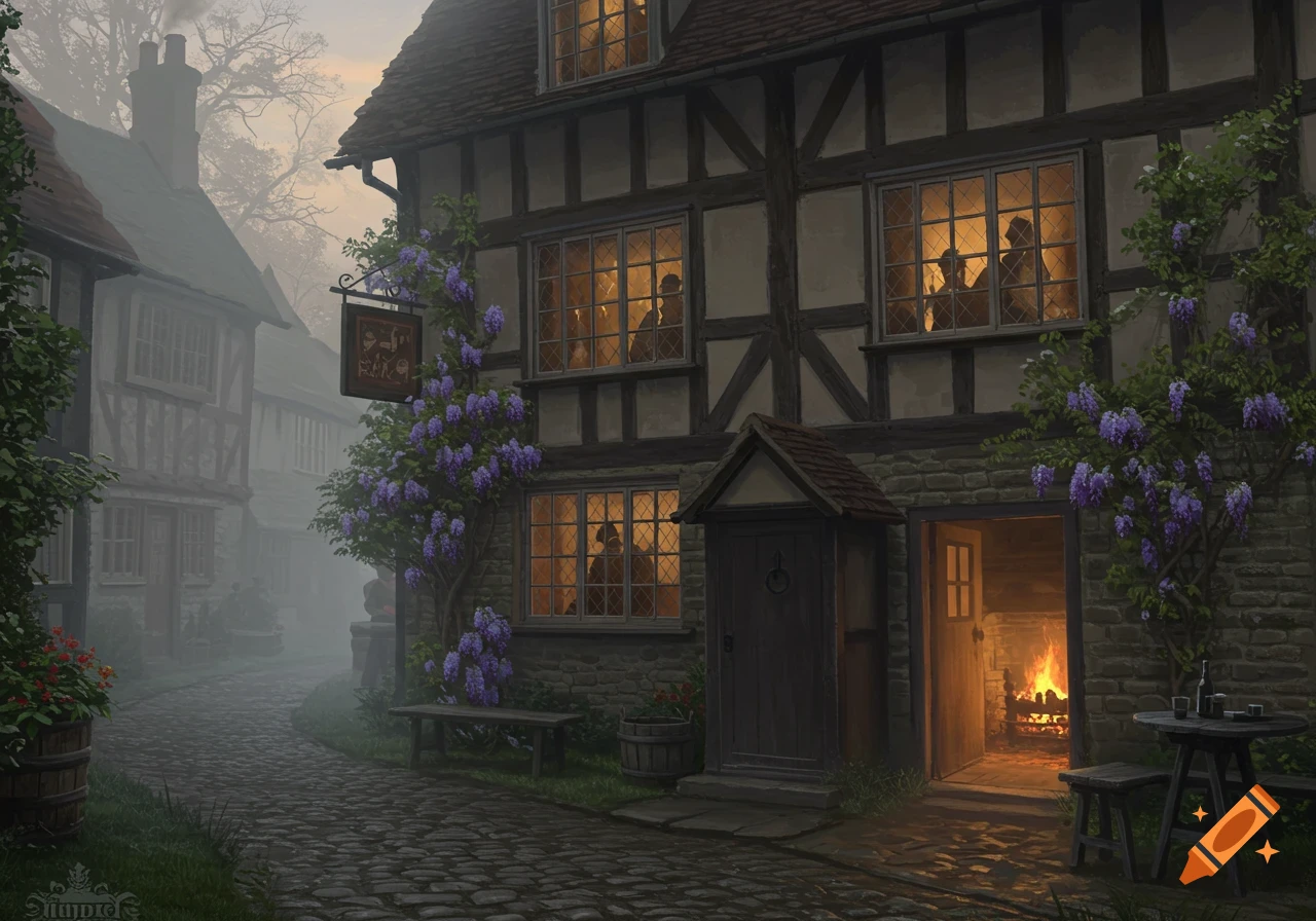 A misty, early morning view of an old English pub or inn with glowing windows, purple wisteria, and a cobbled path.
