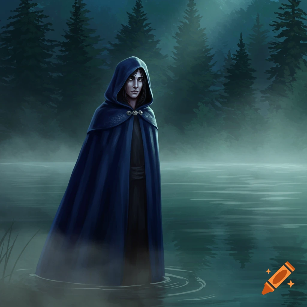 A mysterious hooded figure in a dark blue cloak stands in misty water with a dark forest background, painted in a fantasy style.