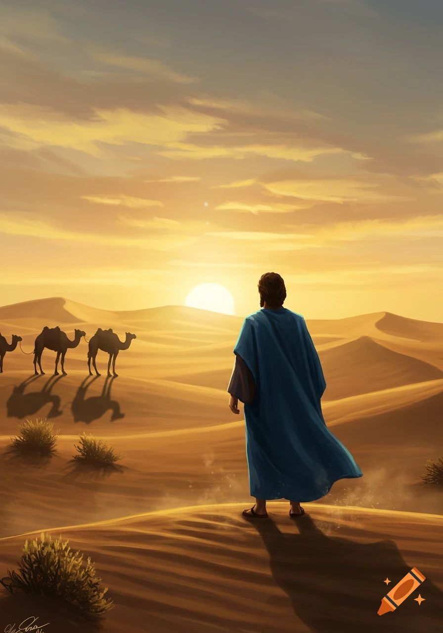 Illustration of a robed figure on a sand dune, looking at the sunset over a desert with camels.