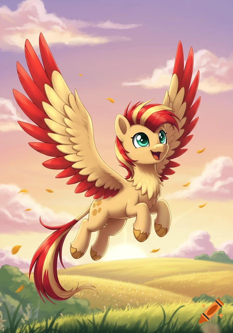 A cartoon My Little Pony style gryphon with red and blonde wings and mane flies over a sunny field at sunset.