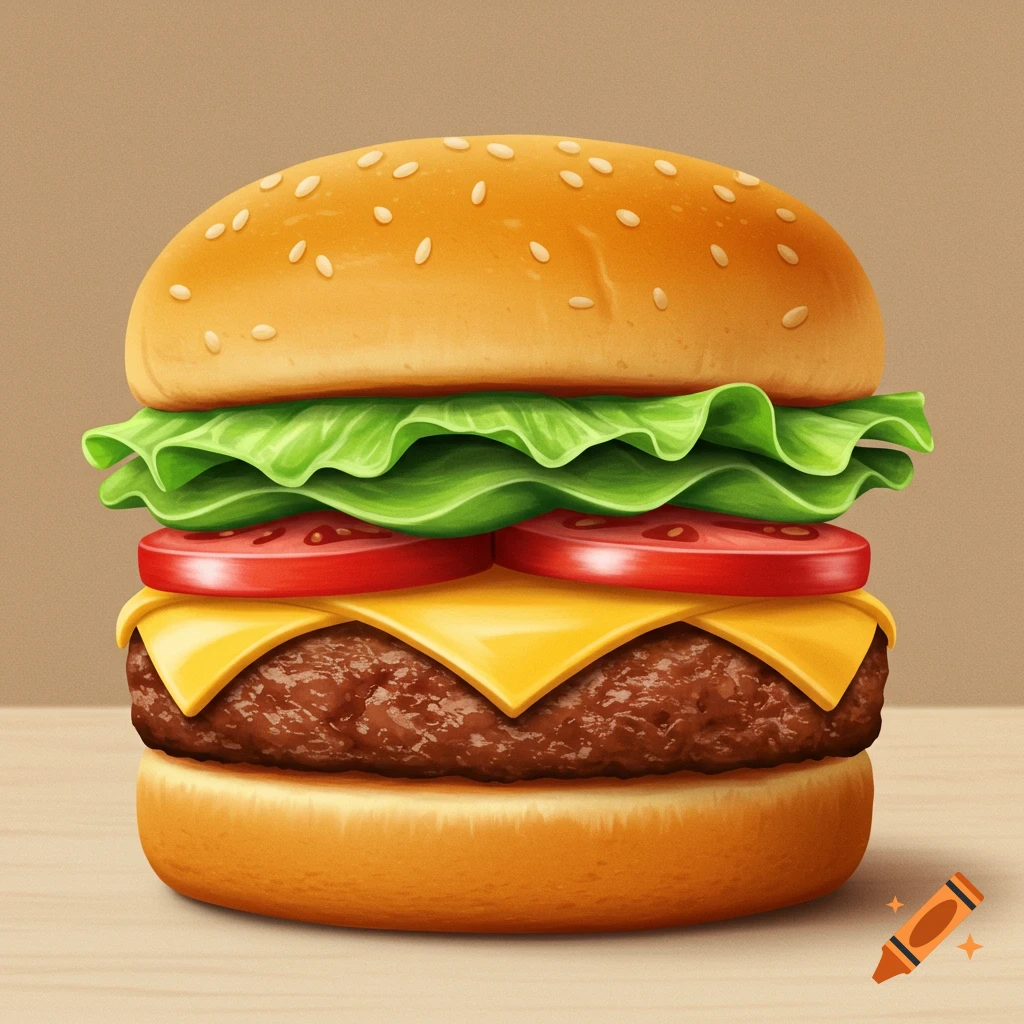 A stylized burger with a sesame seed bun, lettuce, tomato, cheese, and a beef patty, against a plain brown background.