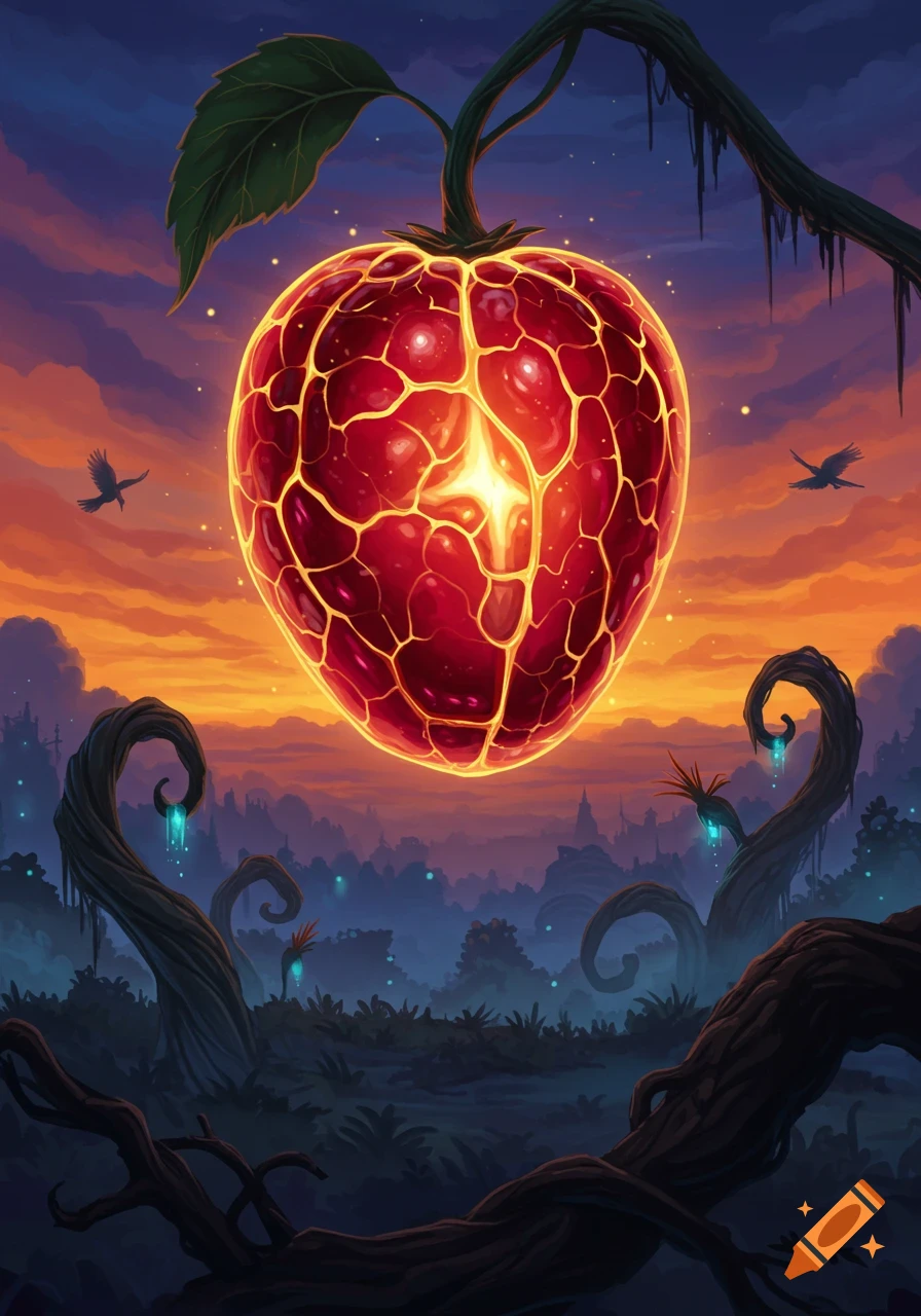 Giant glowing red fruit with a star-like core hangs over a mystical forest at sunset, with ravens flying. Fantasy illustration.