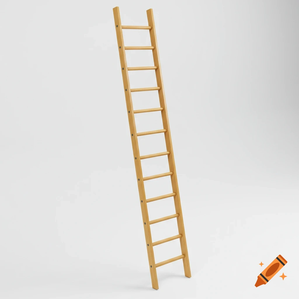 A simple light brown wooden ladder leaning against a plain white background.