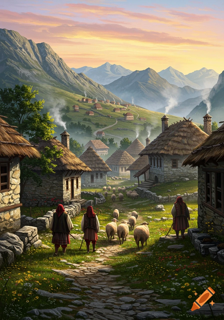 Digital painting of a pastoral village nestled in mountains at sunset, with shepherds herding sheep along a cobblestone path.