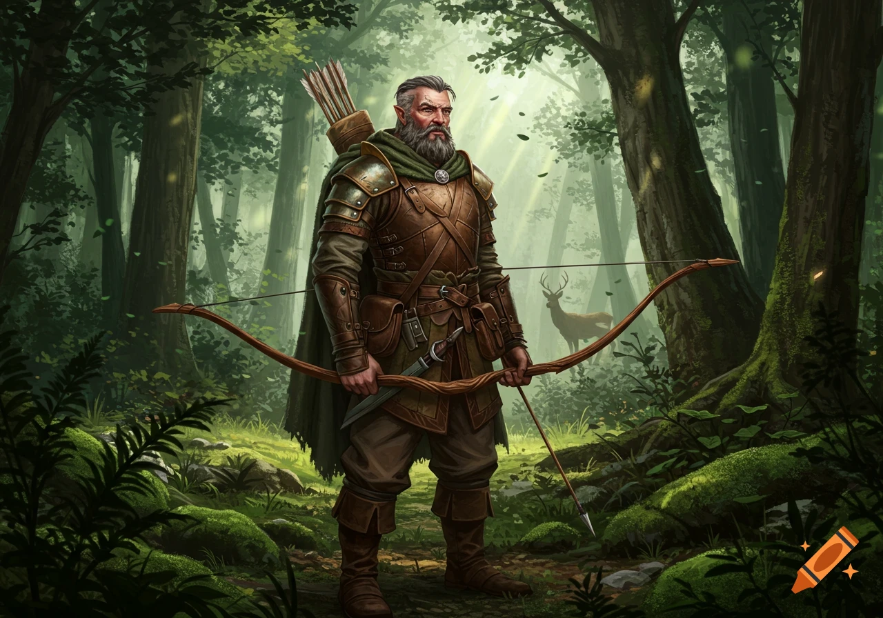 A bearded fantasy ranger in leather armor holds a longbow in a lush, sunlit forest with a deer in the background. Digital art.