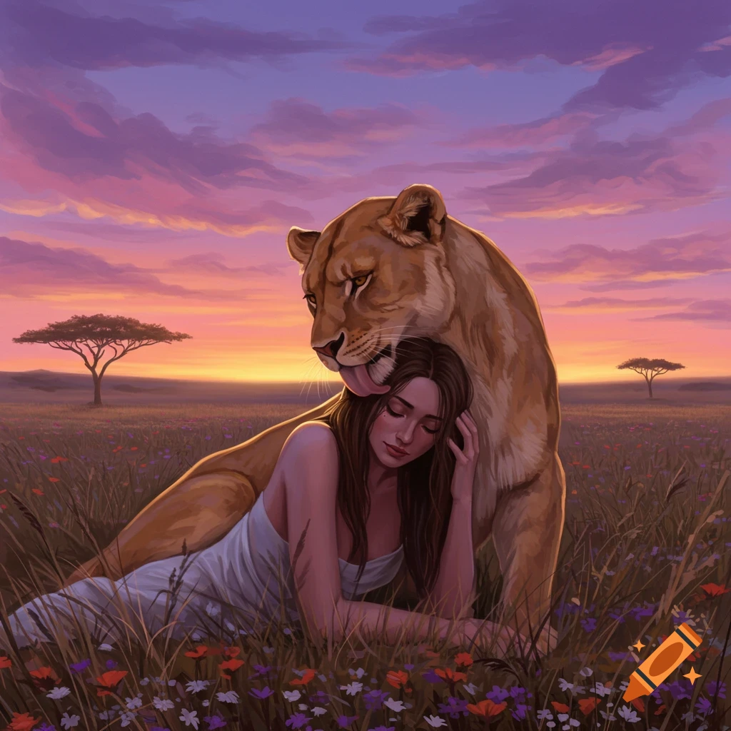 An illustration of a woman lying in a field with a lioness licking her face under a purple and orange sunset sky.