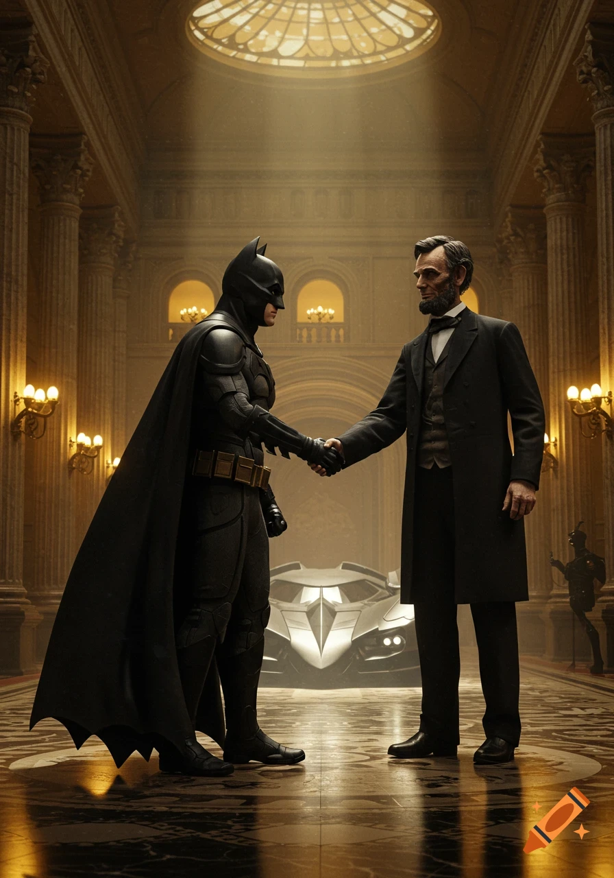 Photorealistic image of Batman shaking hands with Abraham Lincoln in a grand hall, with the Batmobile behind them.