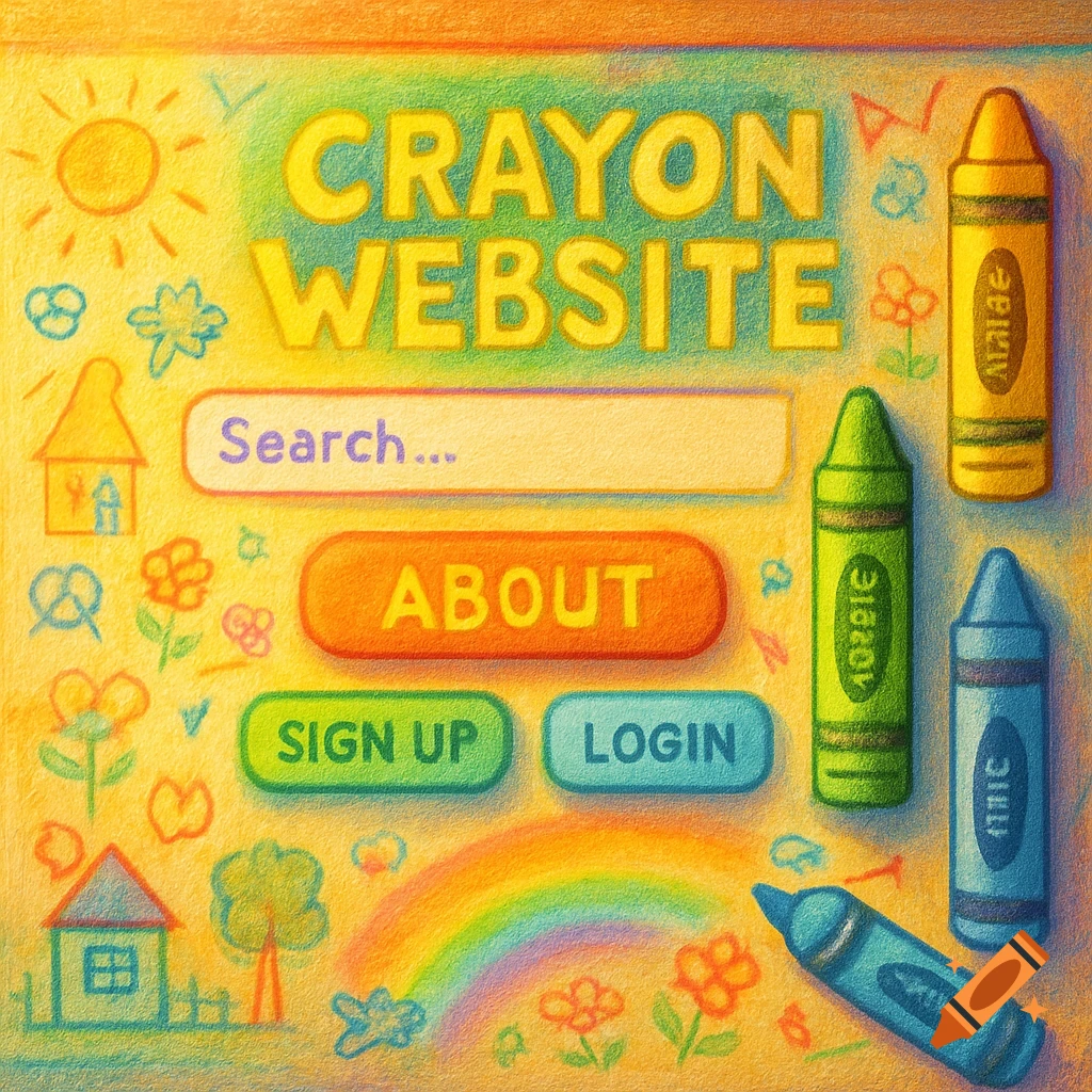 A colorful crayon drawing of a website interface with a search bar, "ABOUT," "SIGN UP," and "LOGIN" buttons. Drawn elements include a sun, houses, flowers, a rainbow, and several crayons on the right and bottom.