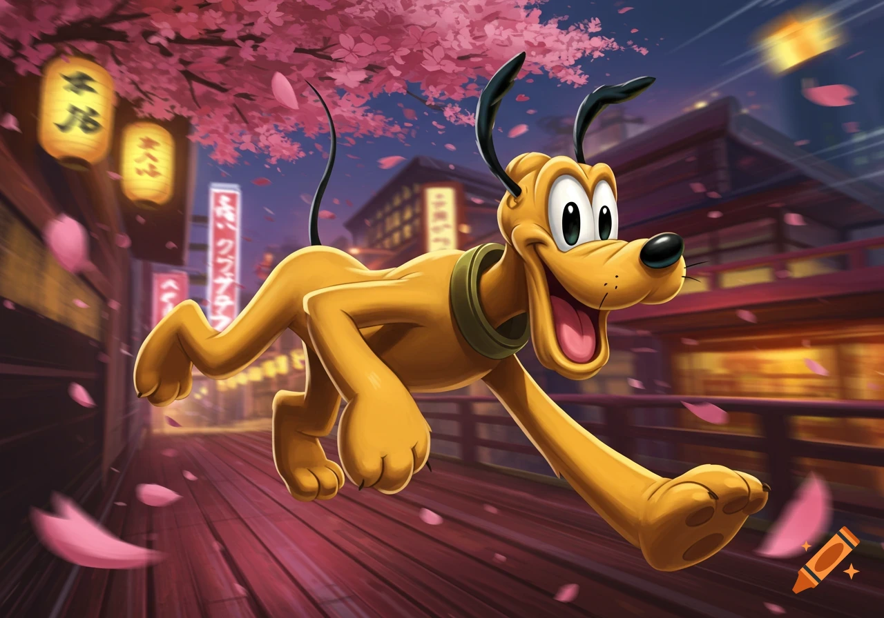 Pluto the dog running through a vibrant Japanese street at night with cherry blossoms, in an anime cartoon style.