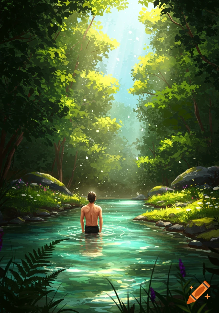 An illustrated man with his back turned, standing in a clear, green creek surrounded by lush green forest and sunlight.