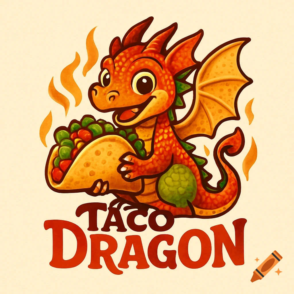 A cute, cartoon orange dragon happily holds a taco, with the text 'TACO DRAGON' below, styled as a brand logo.