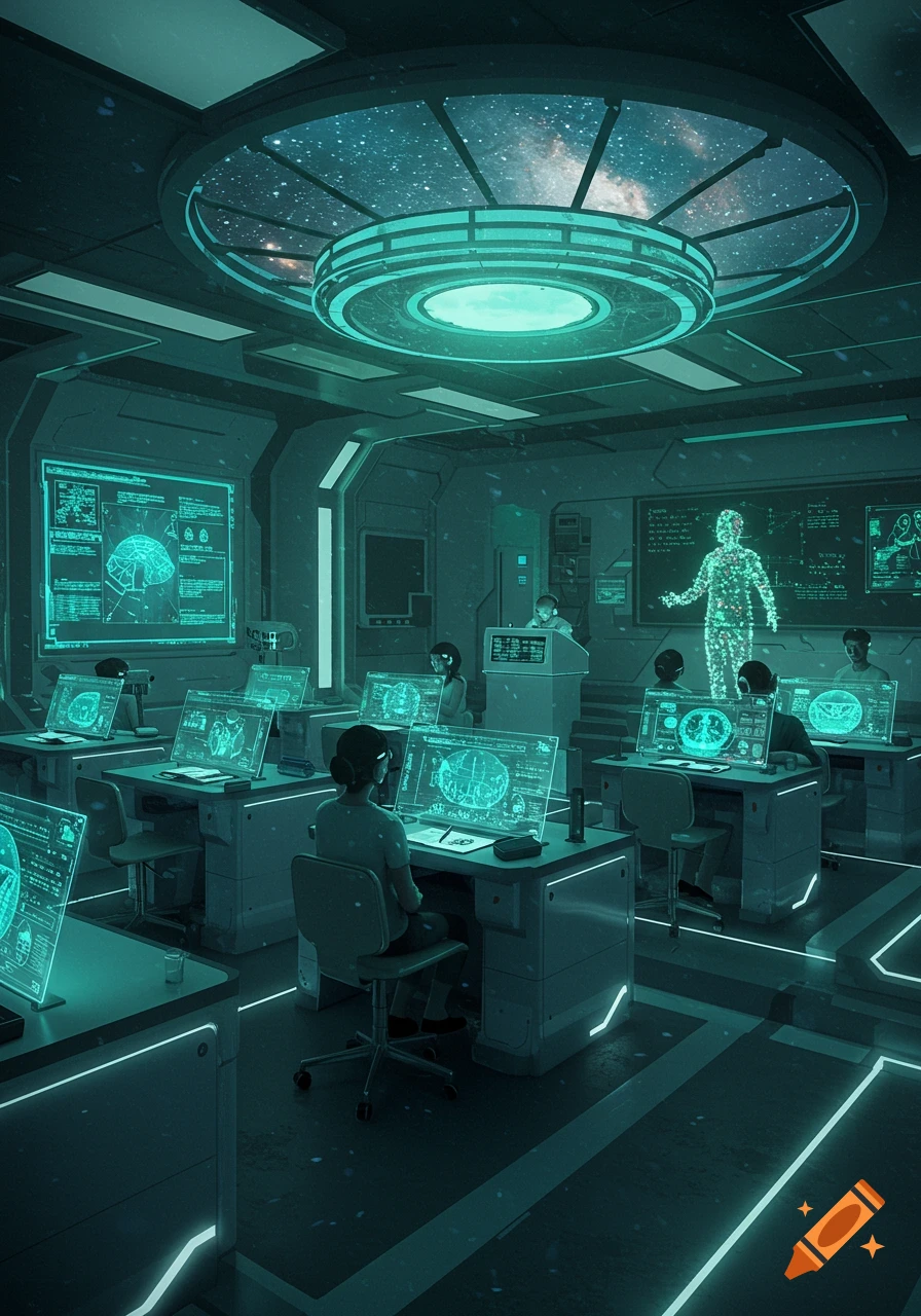 A futuristic classroom or lab with students at glowing transparent desks, screens displaying diagrams, and a starry ceiling.