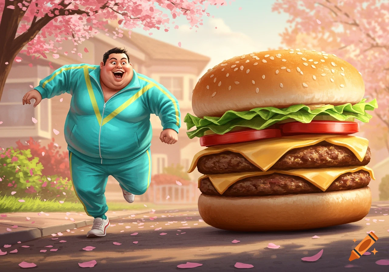 A cartoonish overweight man in a teal tracksuit runs joyfully from a giant double cheeseburger on a cherry blossom-lined street.