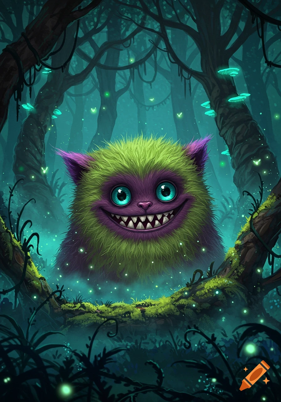 A fuzzy green and purple monster with large blue eyes and a wide, toothy grin emerges from a dark fantasy forest with glowing elements.