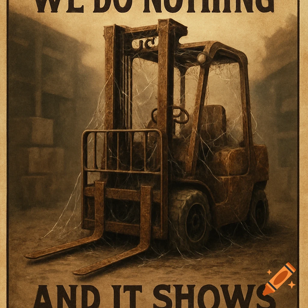 A vintage-style poster showing a rusty, cobweb-covered forklift in a dusty warehouse, with text "WE DO NOTHING AND IT SHOWS".