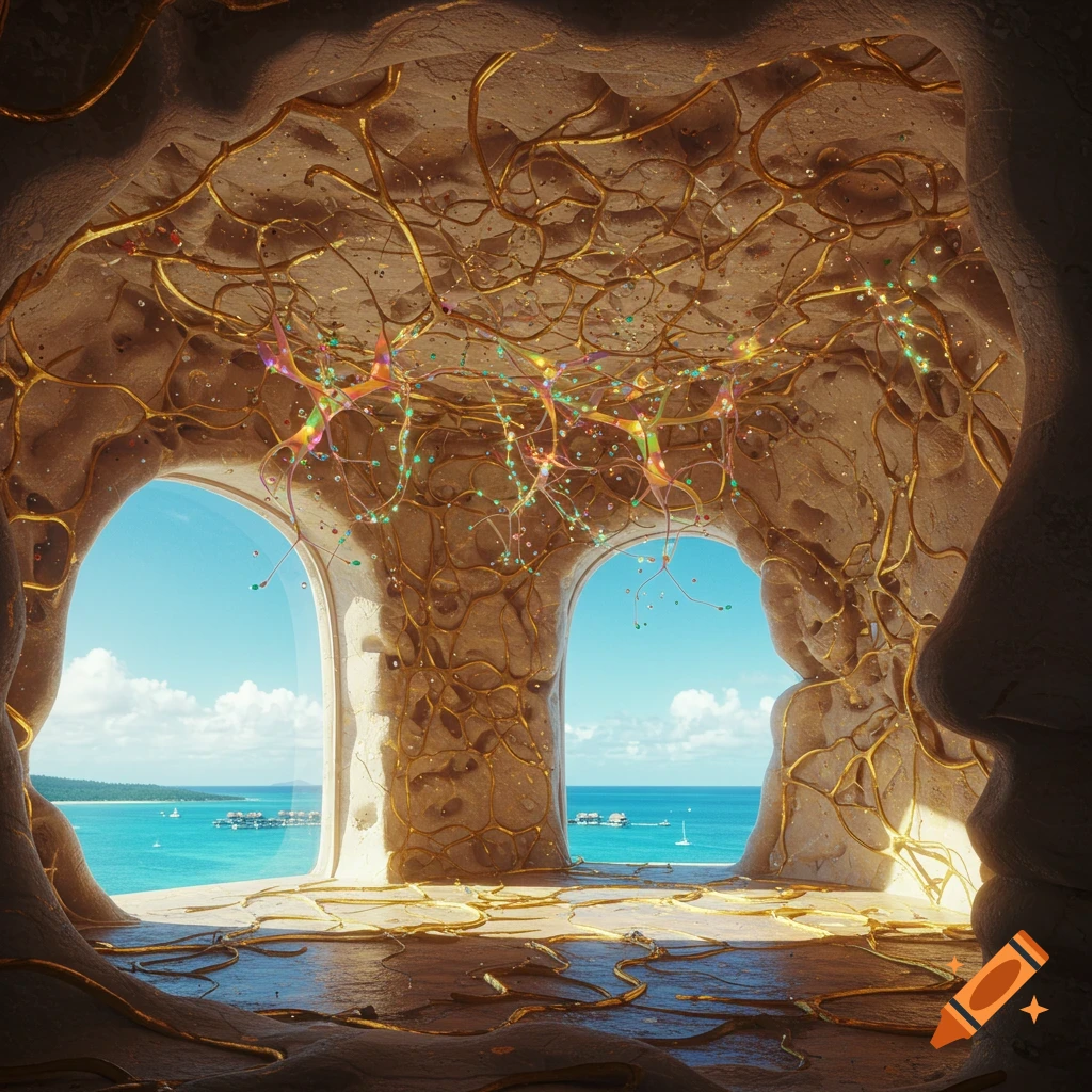 Surreal brain-like room with golden threads and glowing synapses, featuring arched windows overlooking a tropical ocean.