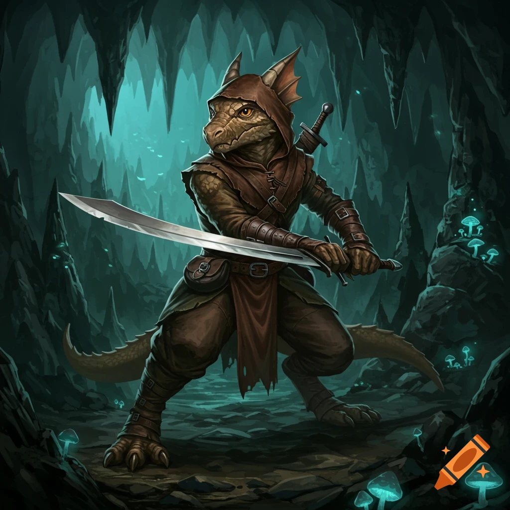 A reptilian kobold in a hooded cloak holds a curved sword in a mystical, bioluminescent cave.