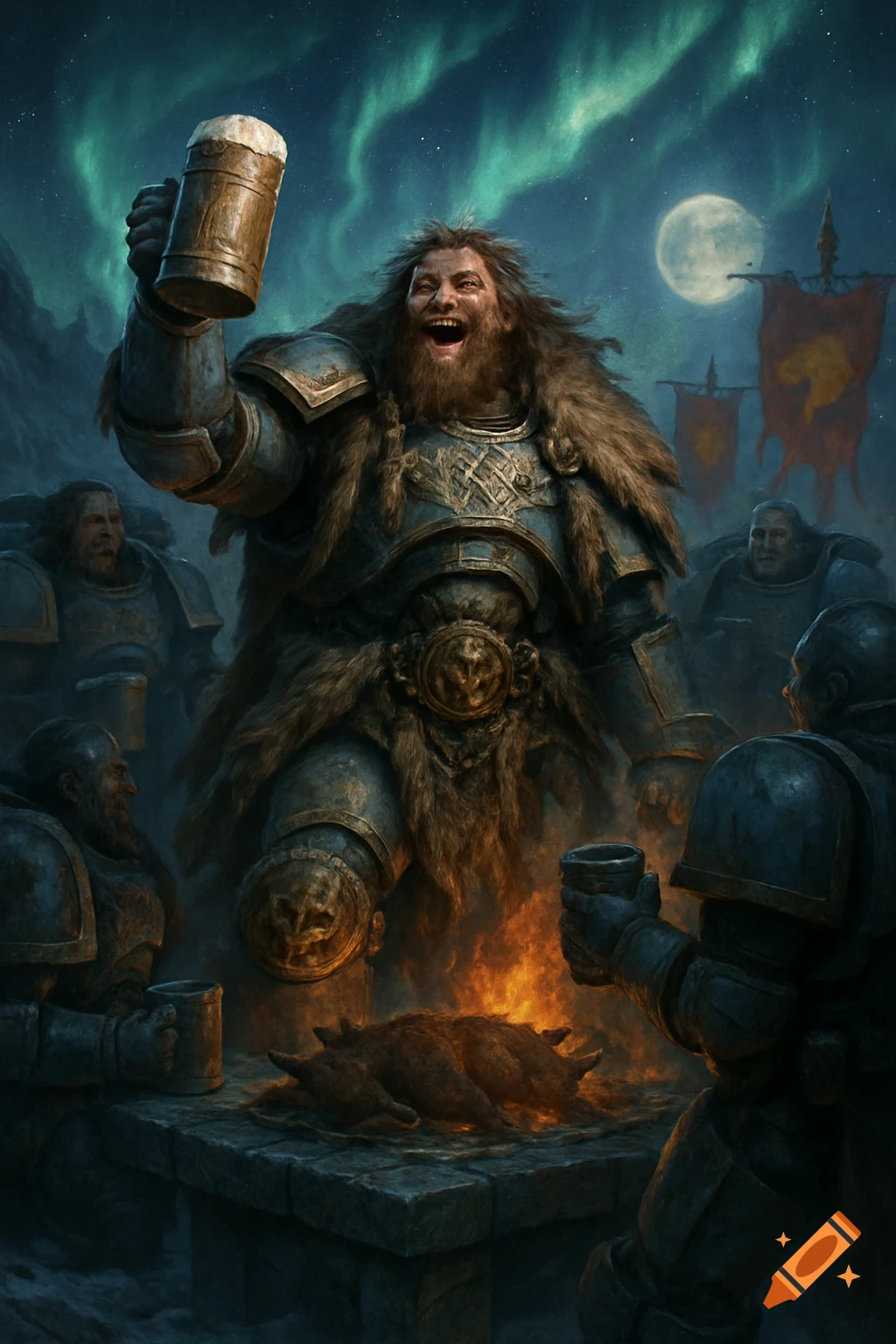 Armored Space Wolf warrior raises a beer tankard, laughing at a feast with companions, roasted pig, campfire, and aurora under a full moon.