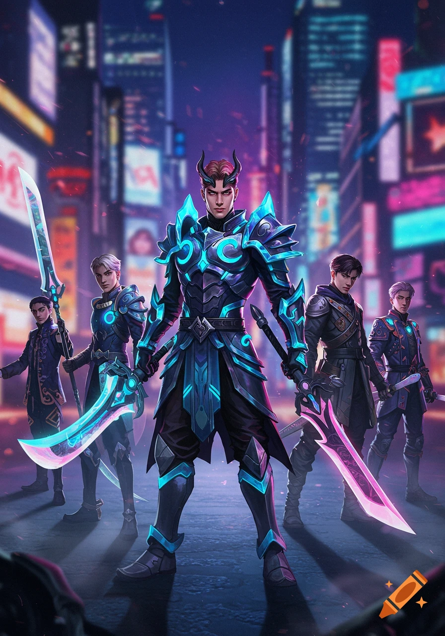 Five K-pop inspired male demon hunters in glowing armor with neon swords stand on a futuristic city street at night, digital art.