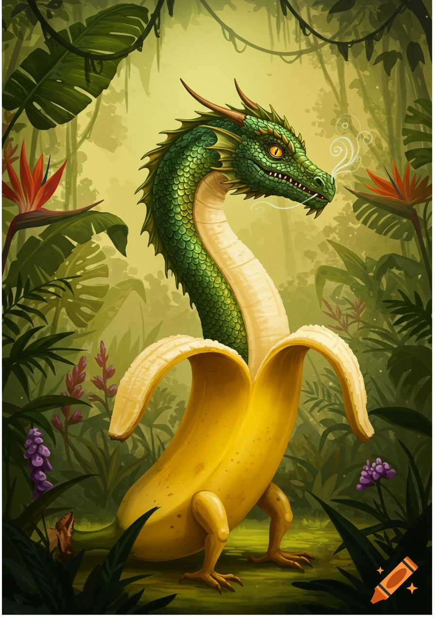 A colorful illustration of a green dragon head emerging from a peeled banana body in a vibrant tropical jungle.