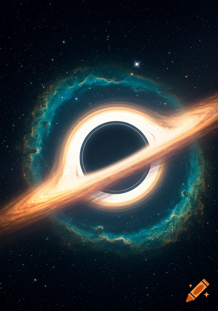 A vibrant black hole with a bright orange and yellow accretion disk and blue-green nebulae against a dark, starry space.