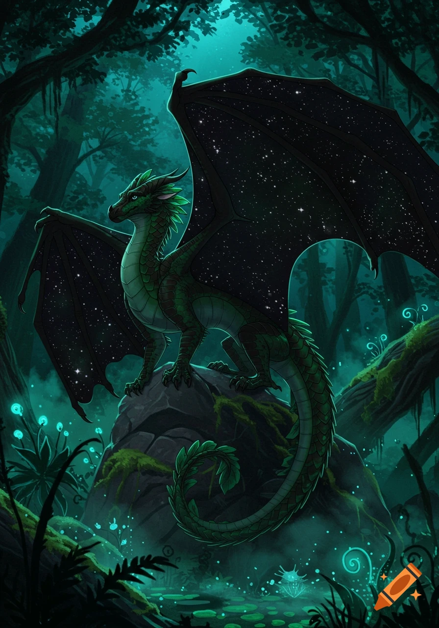 A green dragon with starry black wings stands on a mossy rock in a dark, glowing magical forest.