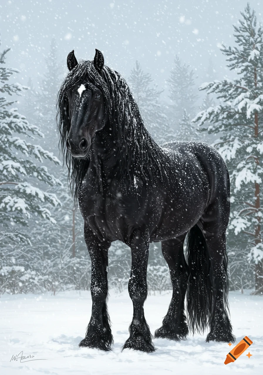 A majestic black Friesian horse, its thick mane and tail dusted with snow, stands in a serene snowy forest.