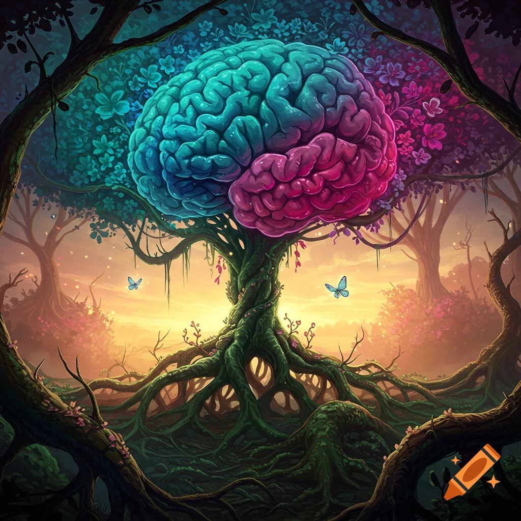 A vibrant, surreal illustration of a teal and pink brain as a tree, its roots spread across a fantastical forest at sunset.