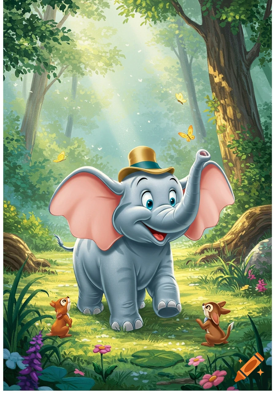 A happy cartoon elephant with a small hat walks through a sunny forest, surrounded by flowers, butterflies, and two small mouse-like animals.
