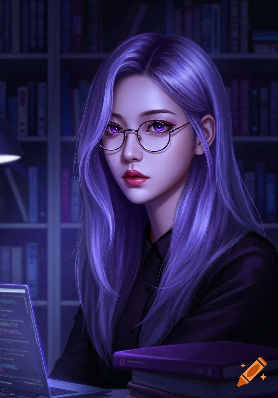 An anime-style woman with long purple hair and glasses sits at a desk with a laptop and books in a dimly lit library.
