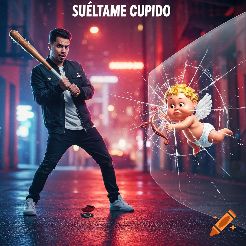 A man in urban clothing holding a baseball bat stands on a wet street. A cartoonish Cupid with wings and a bow appears to have hit a cracked glass, with text "SUÉLTAME CUPIDO" above.