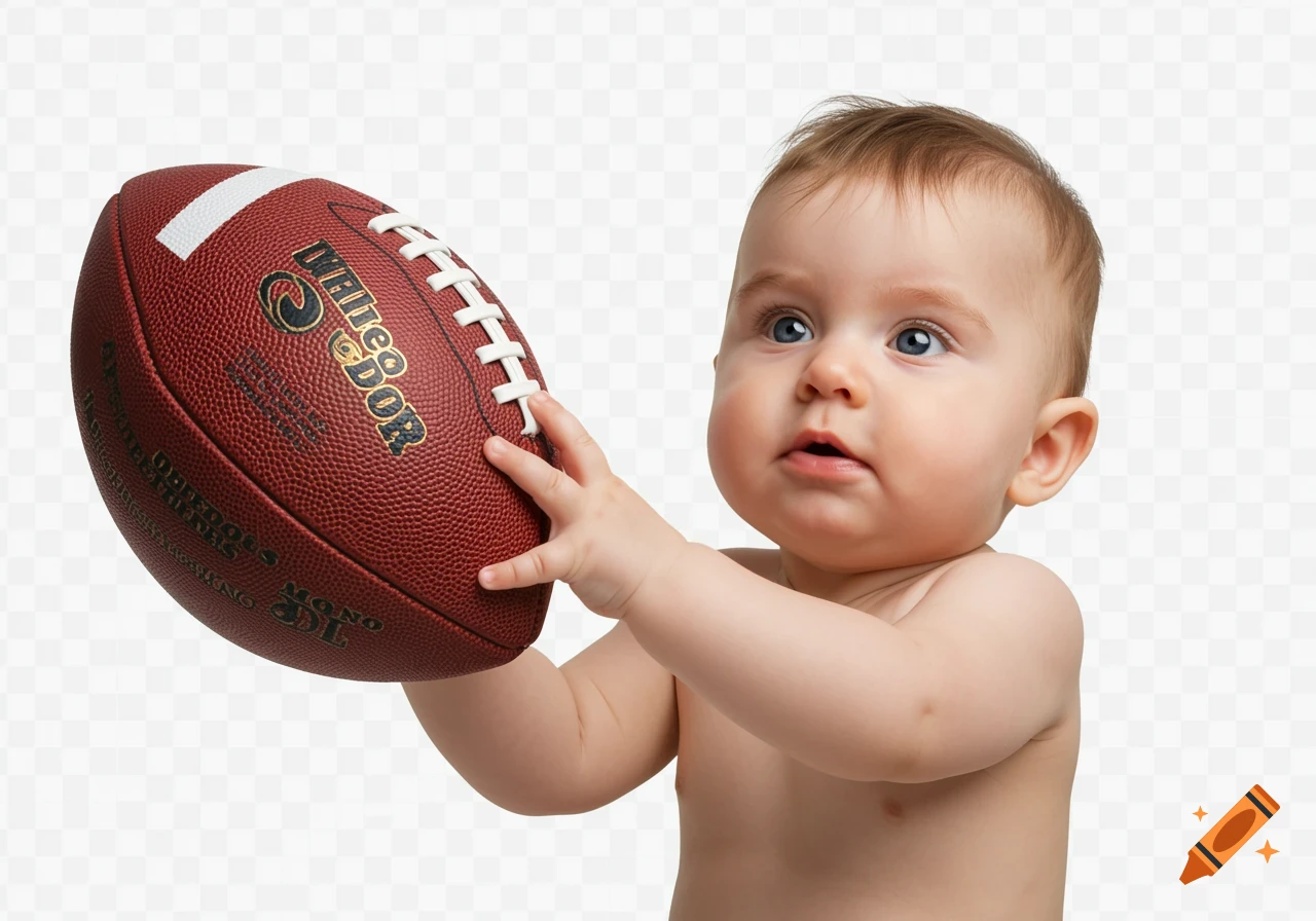 Photorealistic image of a baby holding a brown NFL football with a transparent background.