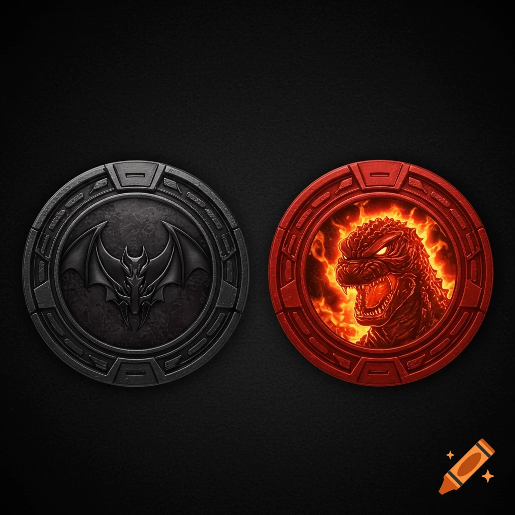 Two Power Coin-like tokens: one black with a bat symbol, one red with a fiery Godzilla head, on a dark background.