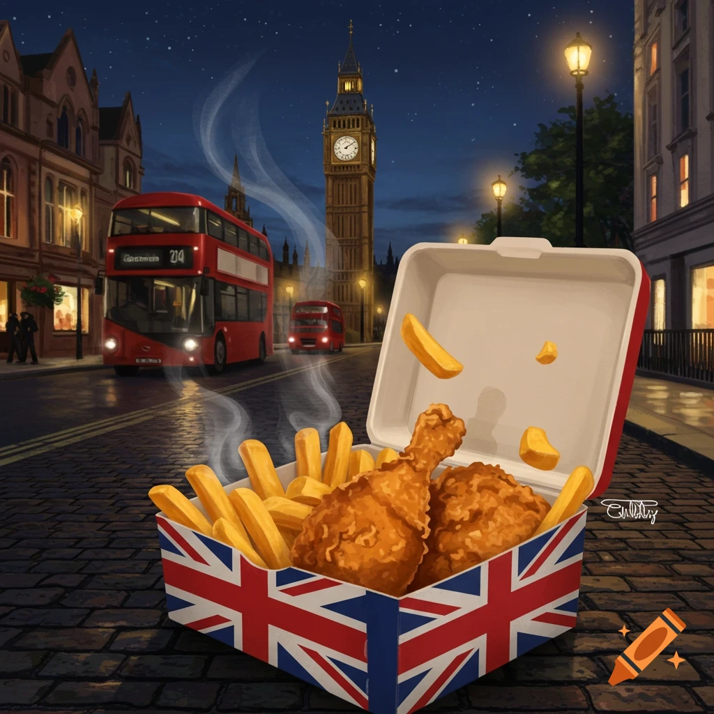 Illustrative image of a Union Jack box of fried chicken and chips on a London street at night, with Big Ben and red buses.