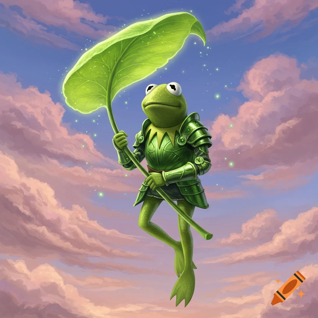 Kermit the Frog as a paladin in green armor, floating in a cloudy sky while holding a large glowing green leaf.