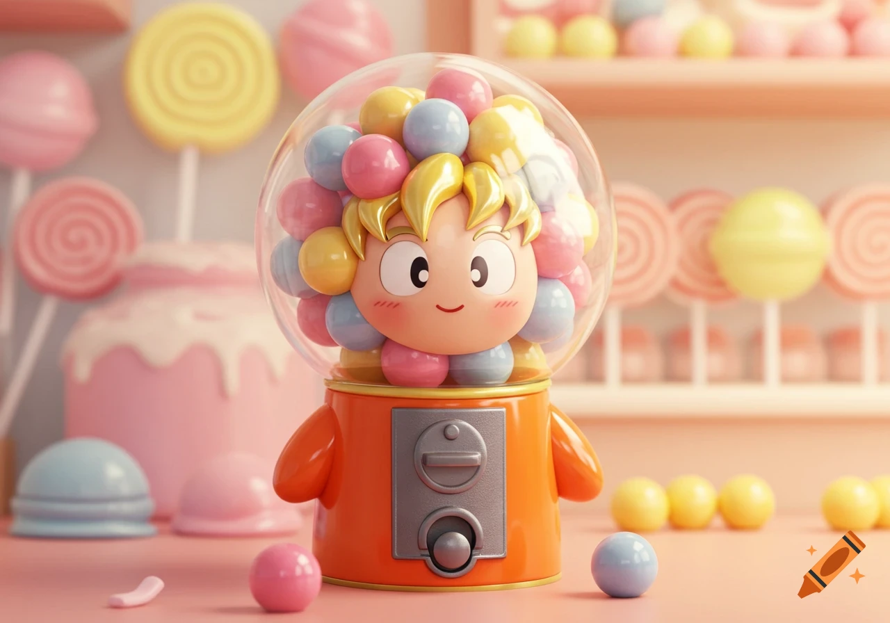 A cute, stylized Goku gumball machine filled with colorful gumballs in a pastel pink candy shop.