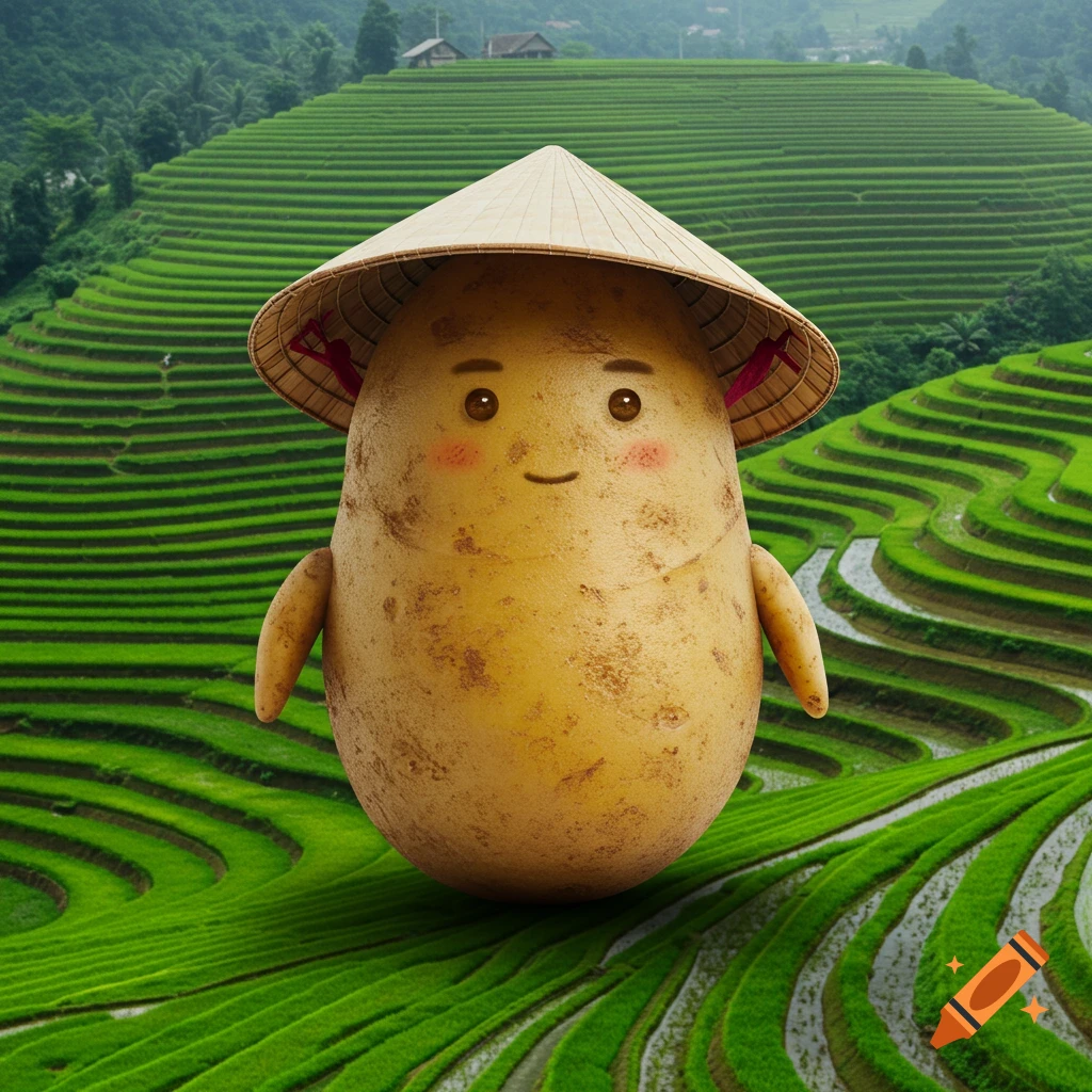 A cute anthropomorphic potato in a conical hat stands in front of vibrant green terraced rice fields.