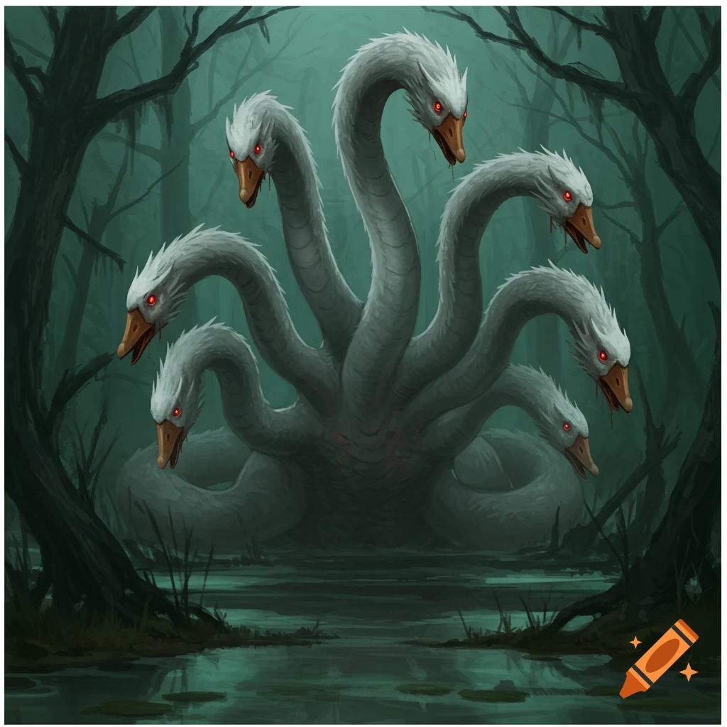 A multi-headed white goose-like hydra monster with red eyes emerges from a dark, misty swamp in a digital painting.