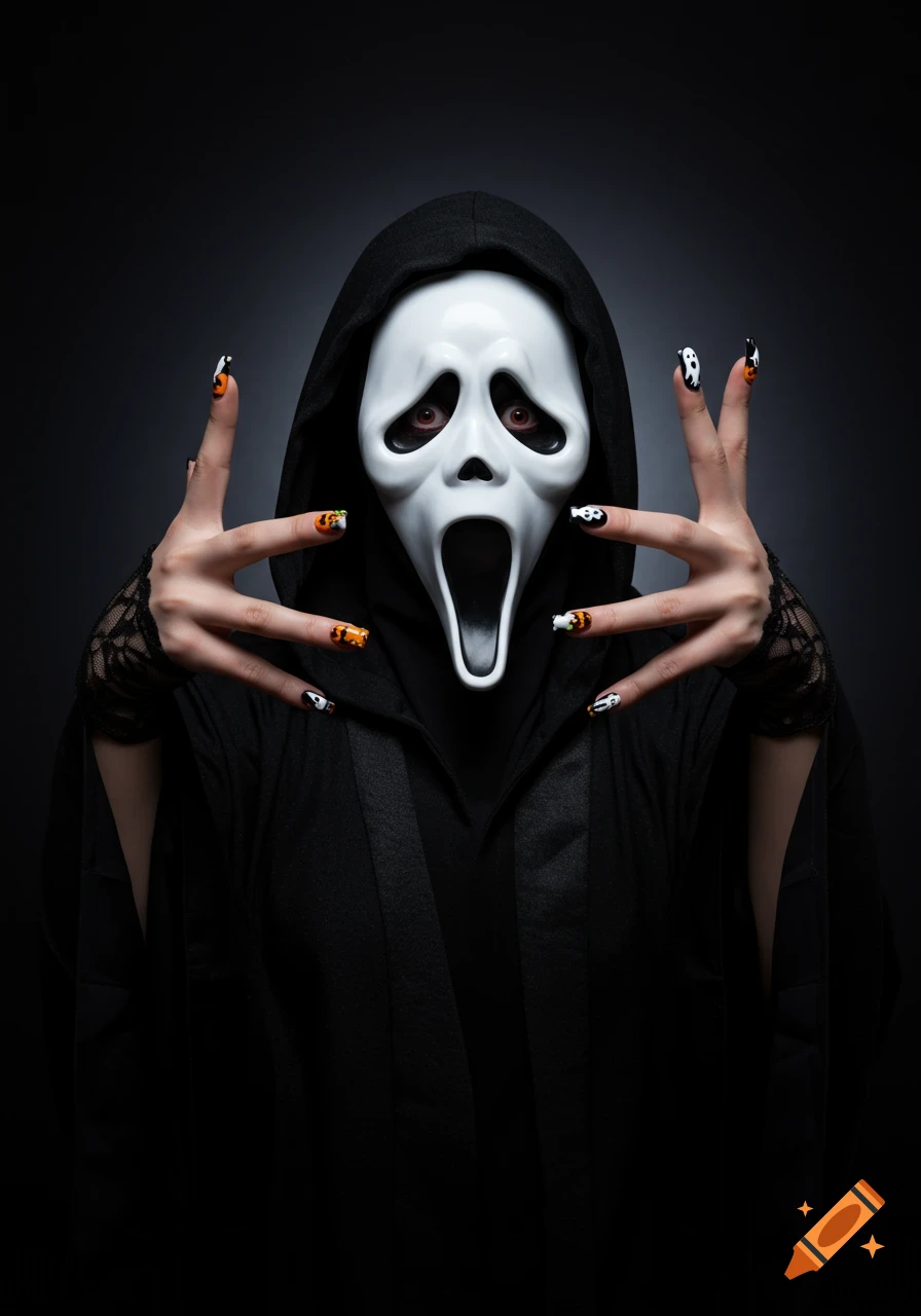 A person in a black hooded robe and Scream mask extends hands, showcasing intricate Halloween-themed nail art and a black lace glove.