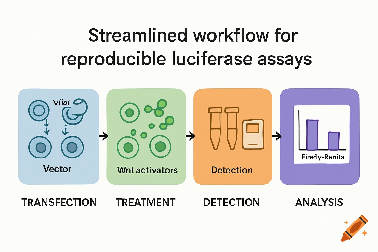 Clean infographic detailing a streamlined workflow for reproducible luciferase assays, showing steps for transfection, treatment, detection, and analysis.