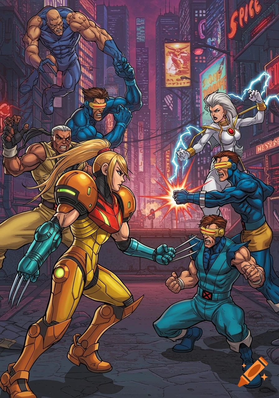 Comic book style illustration of Samus Aran battling Wolverine, Cyclops, and Storm in a neon-lit city.