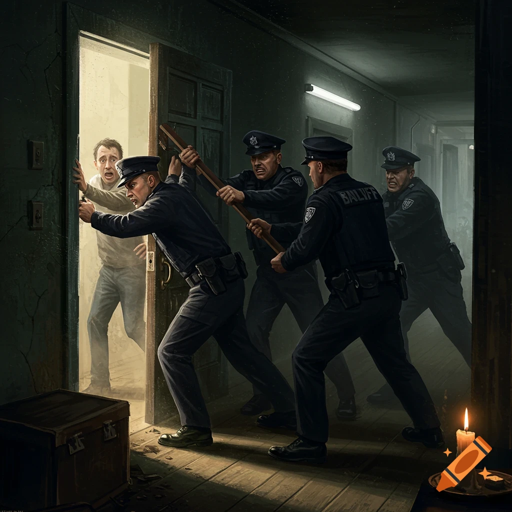 Four bailiffs in uniforms force open a door against a scared man from inside, in a dimly lit, dramatic hallway.