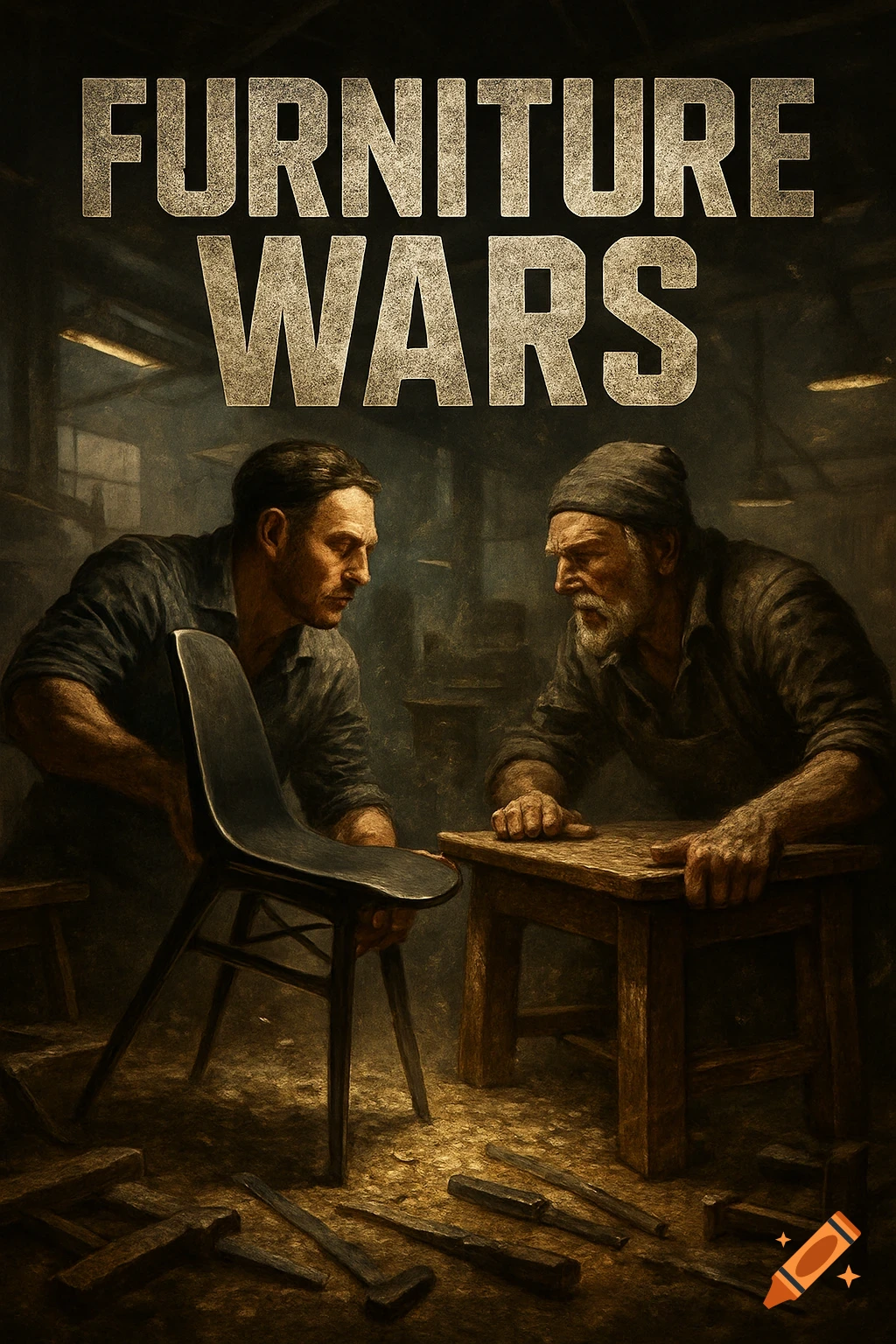 Two men in a dark, gritty workshop examine a chair and a small table, with tools on the ground, under the title 'FURNITURE WARS'.